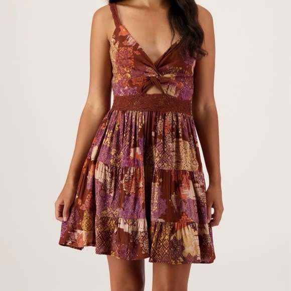 Angie Dresses & Skirts - Angie Twist Front Patchwork Print Flowy Mini Dress Size L Boho Festival Hippie